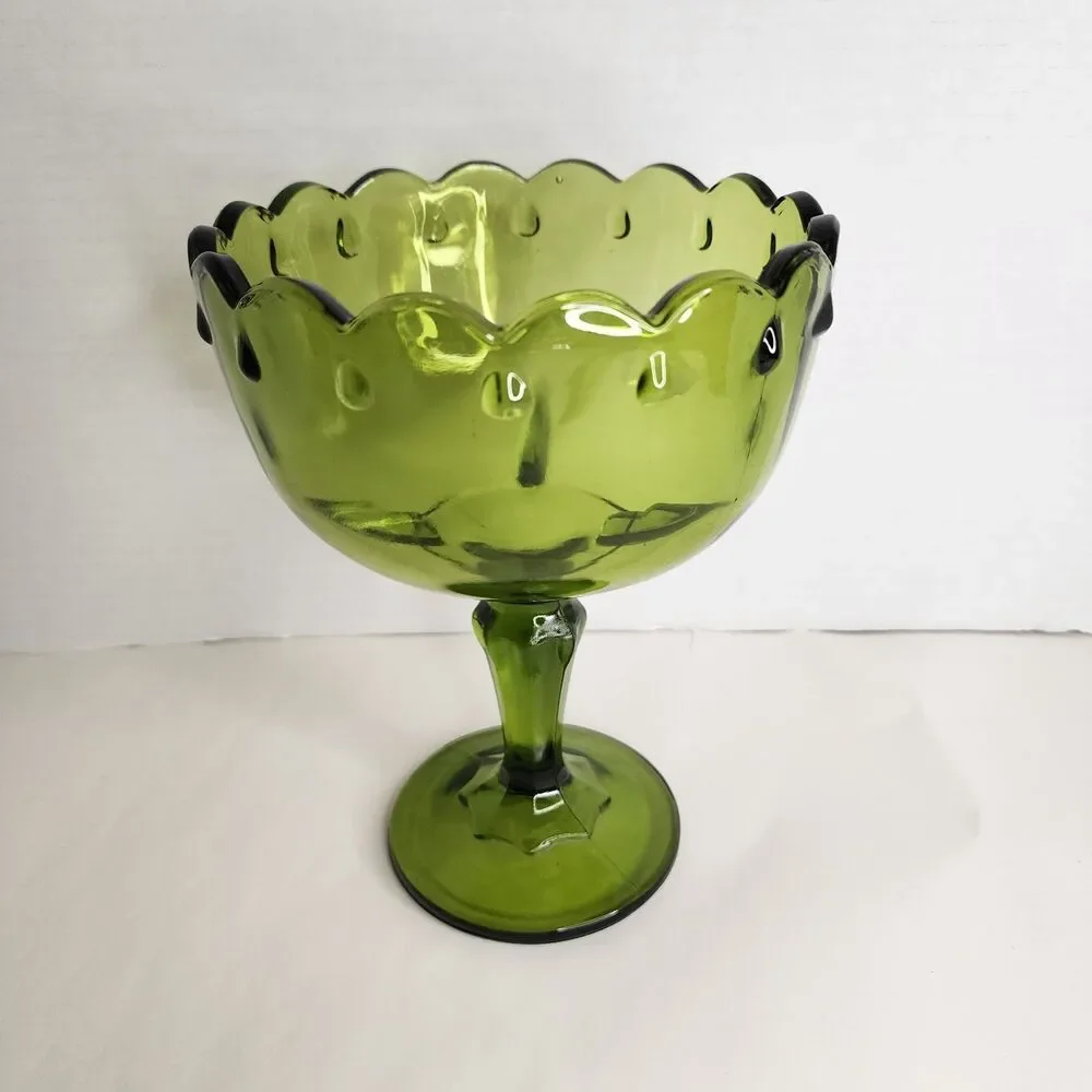 Vintage Indiana Glass Teardrop Antique Green Pedestal Compote Centerpiece Bowl